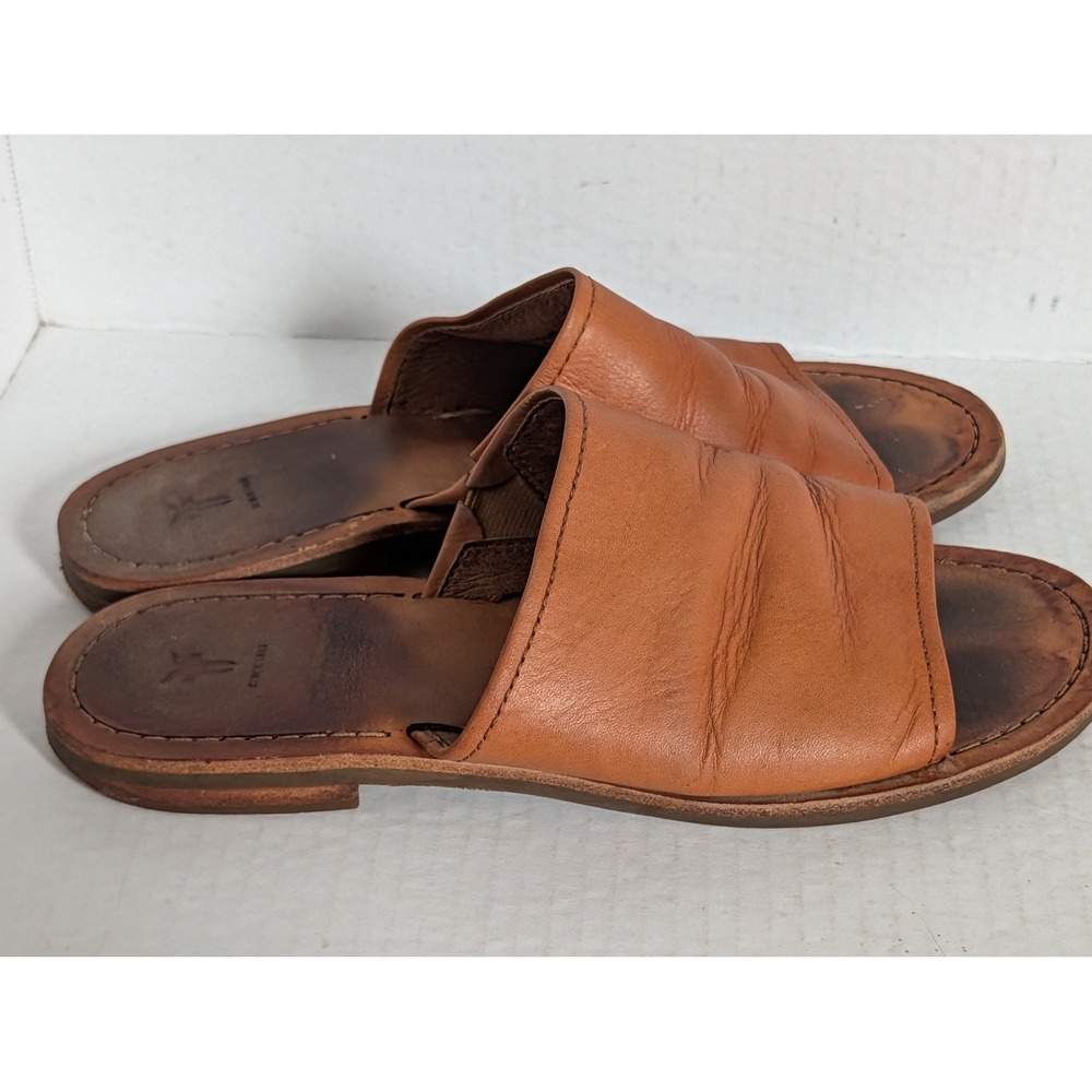 FRYE Women's Leather Slide Sandals Cognac Brown Wide Strap Slip On Size 7.5